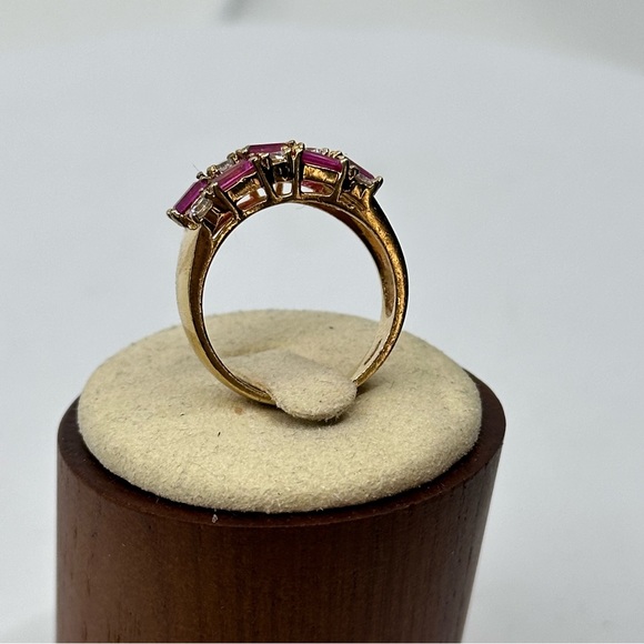 Sz. 8.75 Vintage Cocktail Sterling Silver & Gold Ring with Pink Rubies& Diamond - Picture 6 of 14